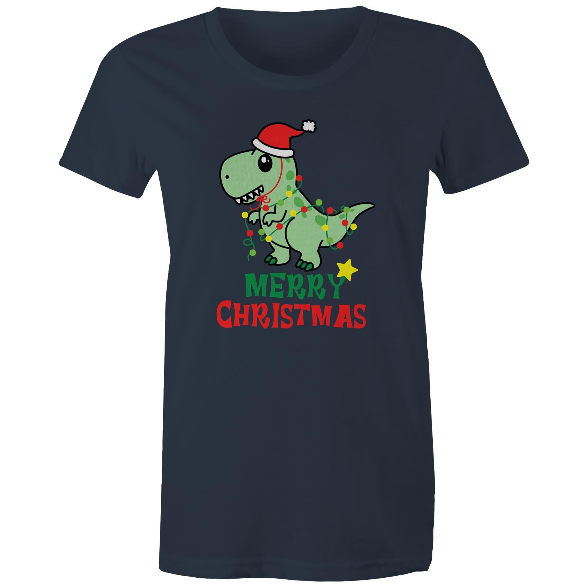 Dinosaur Santa, Merry Christmas - Womens T-shirt Navy Womens Christmas T-shirt Christmas Printed In Australia