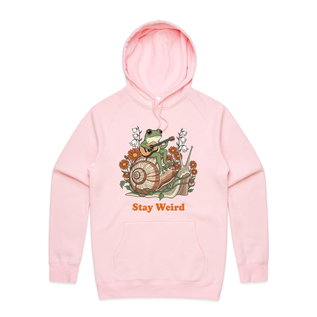 Stay Weird, Guitar Playing Frog On A Snail Men's AS Colour Hoodie Pink Mens Hoodie animal Music Printed In Australia