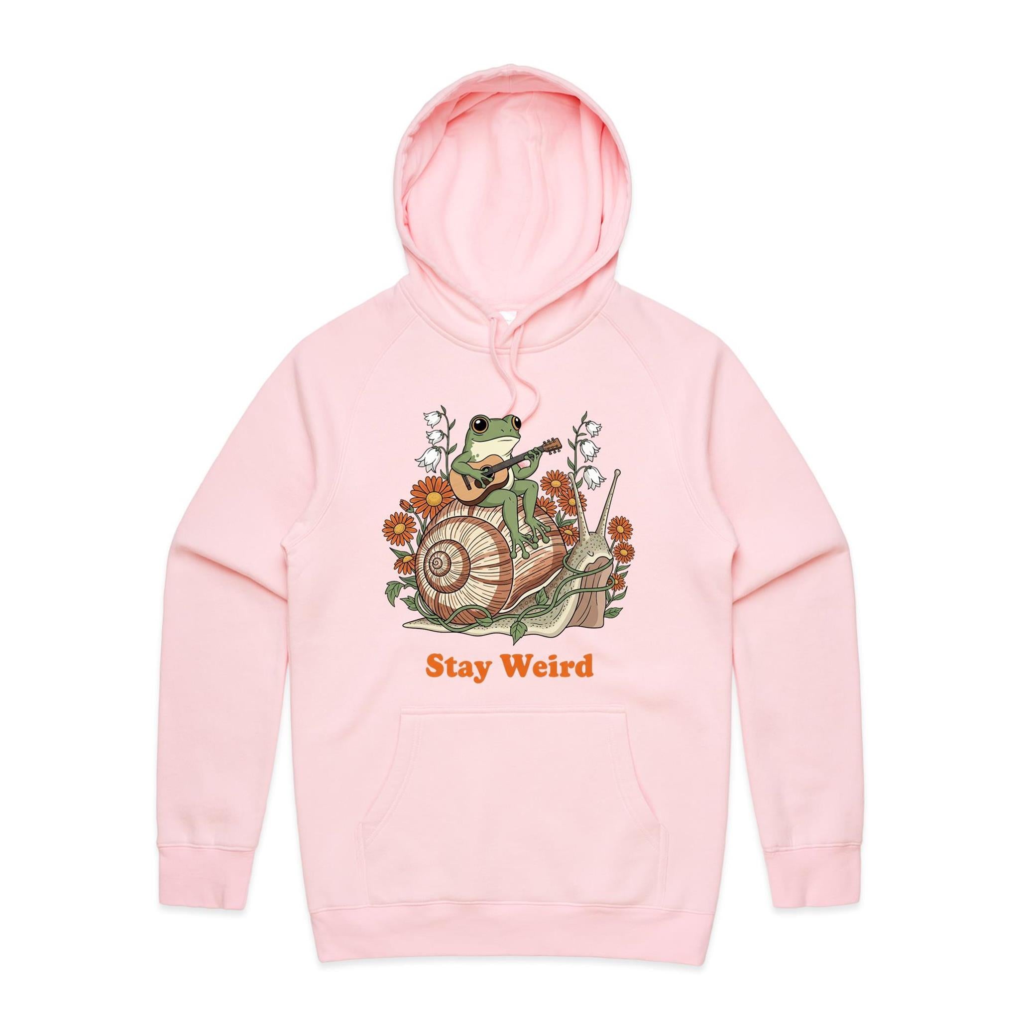 Stay Weird, Guitar Playing Frog On A Snail Men's AS Colour Hoodie Pink Mens Hoodie animal Music Printed In Australia