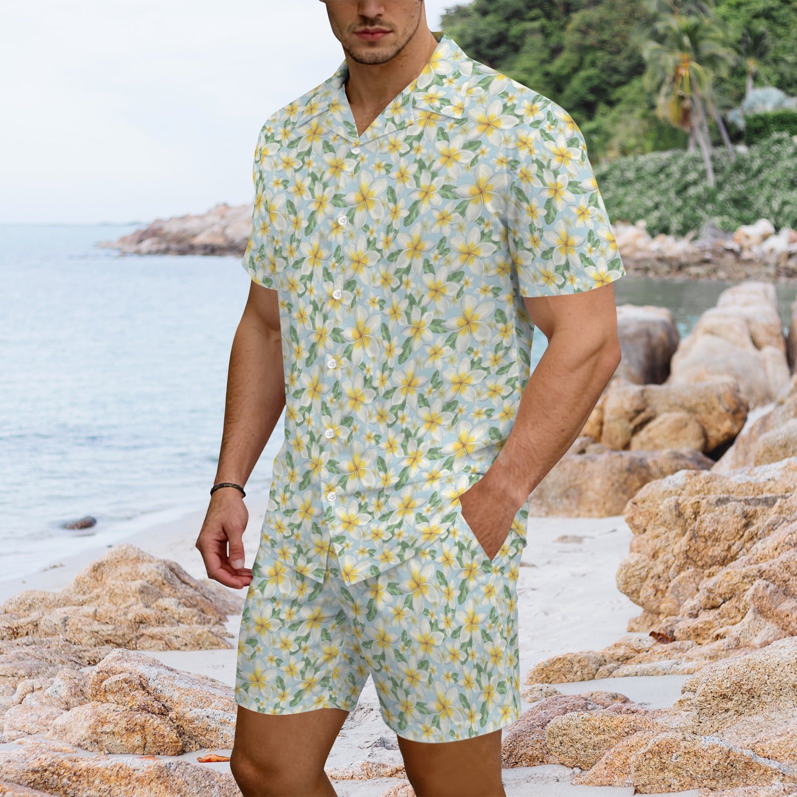 Delicate Frangipani Men's Hawaiian Shirt & Shorts Set Men's Hawaiian Shirt & Shorts Set Plants Printed Offshore