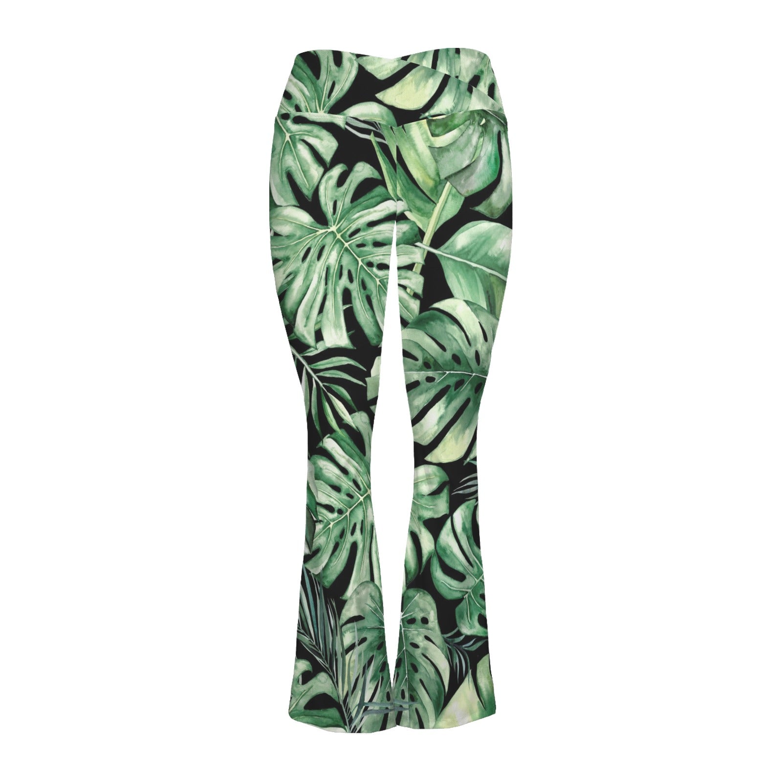 Jungle Leaves High Waist Crossover Tummy Control Flare Leggings High Waist Flare Leggings Plants Printed Offshore