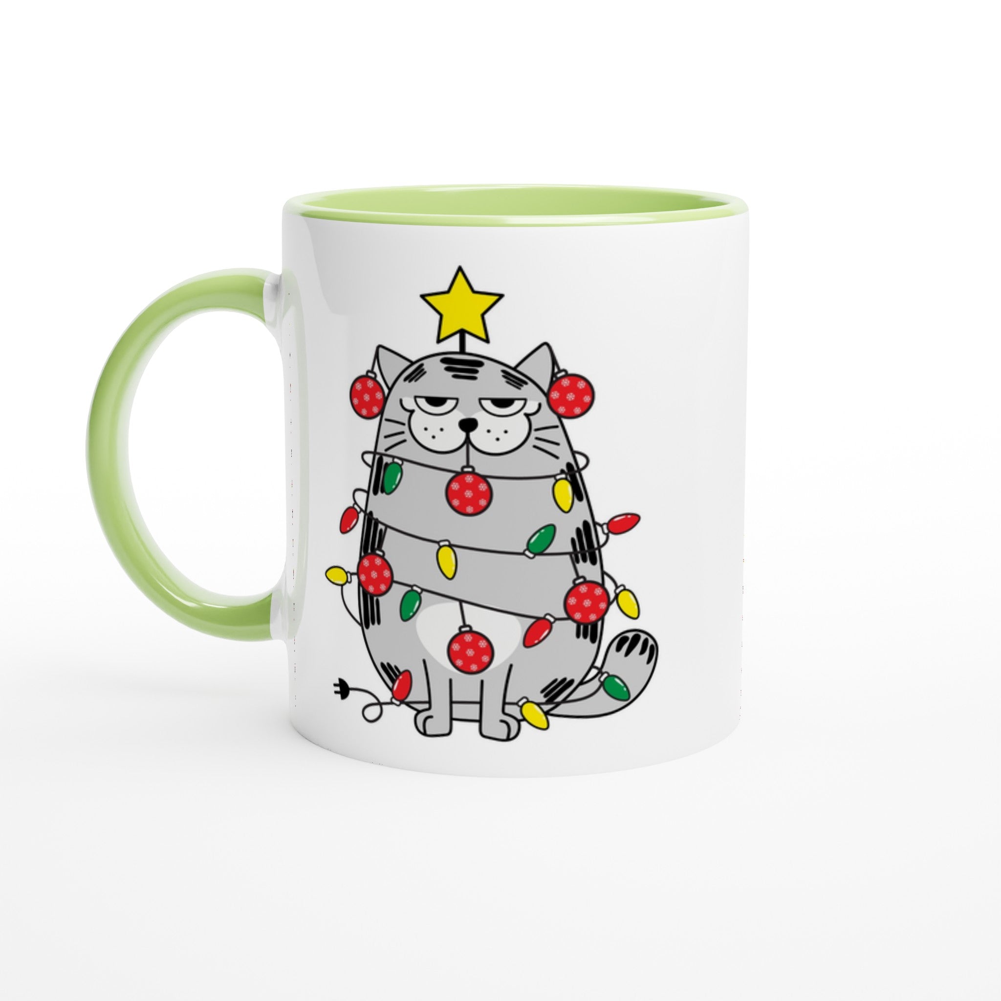 Christmas Cat - White 11oz Ceramic Mug with Colour Inside Ceramic Green Christmas Colour Mug Christmas Globally Fulfilled