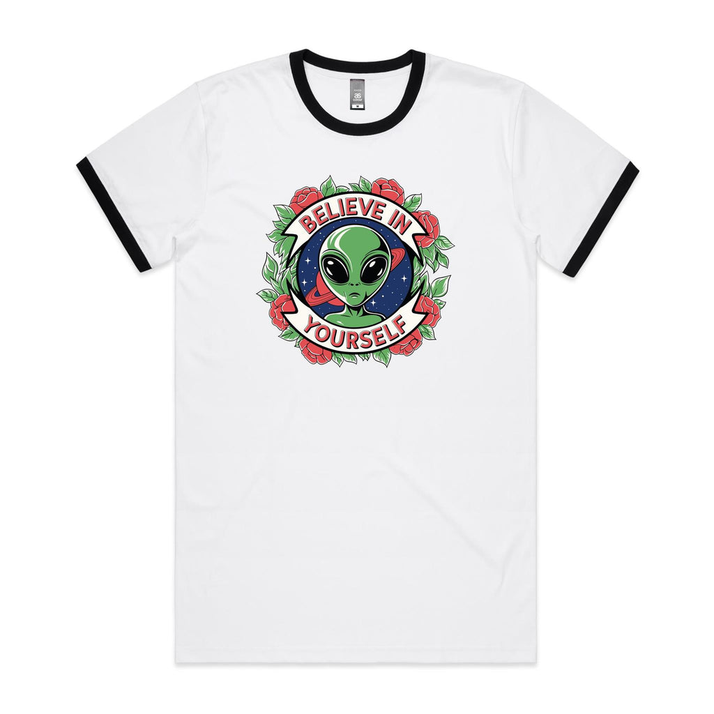 Believe In Yourself, Alien - Staple Ringer Tee White Black Ringer T-Shirt Motivation Positivity Printed In Australia Sci Fi