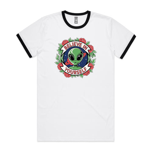 Believe In Yourself, Alien - Staple Ringer Tee White Black Ringer T-Shirt Motivation Positivity Printed In Australia Sci Fi