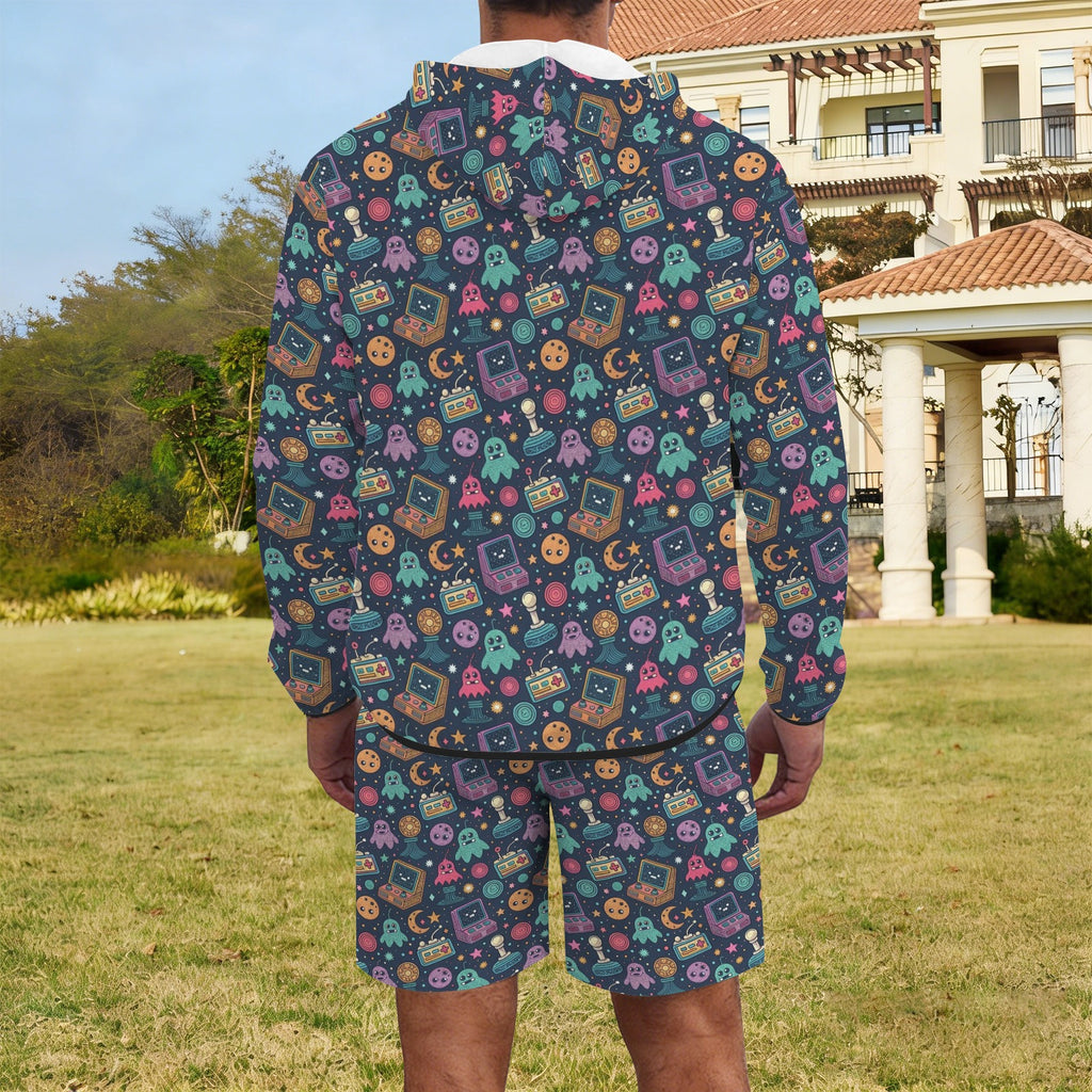 Space Arcade Men's Lightweight Sun Hoodie & Shorts Set Men's Lightweight Sun Hoodie & Shorts Games Printed Offshore Retro