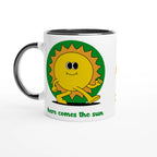 Personalised - Here Comes The Sun - White 11oz Ceramic Mug with Colour Inside Ceramic Black Personalised 11oz Mug customise Globally Fulfilled personalise Retro Summer