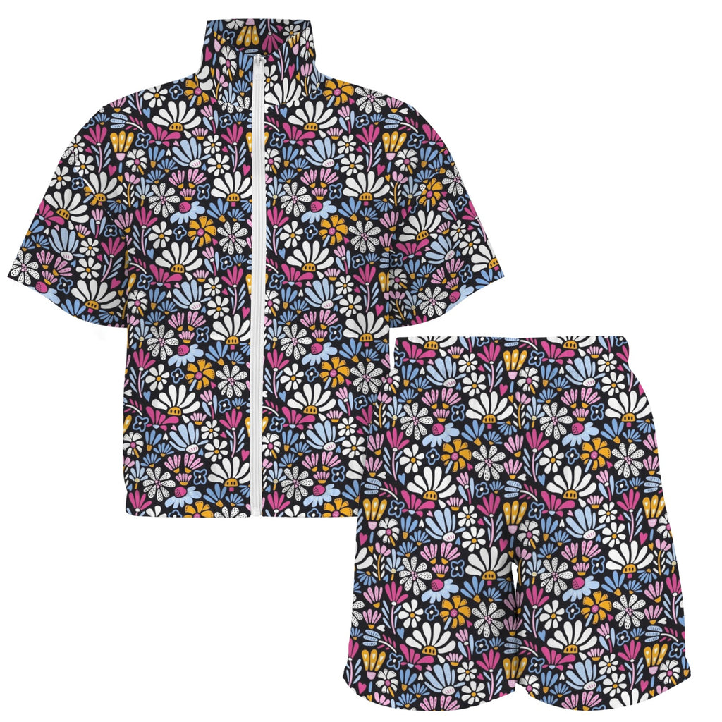 Graphic Flowers On Black Women's Windbreaker Short Set Women's Windbreaker Short Set Plants Printed Offshore