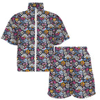 Graphic Flowers On Black Women's Windbreaker Short Set Women's Windbreaker Short Set Plants Printed Offshore