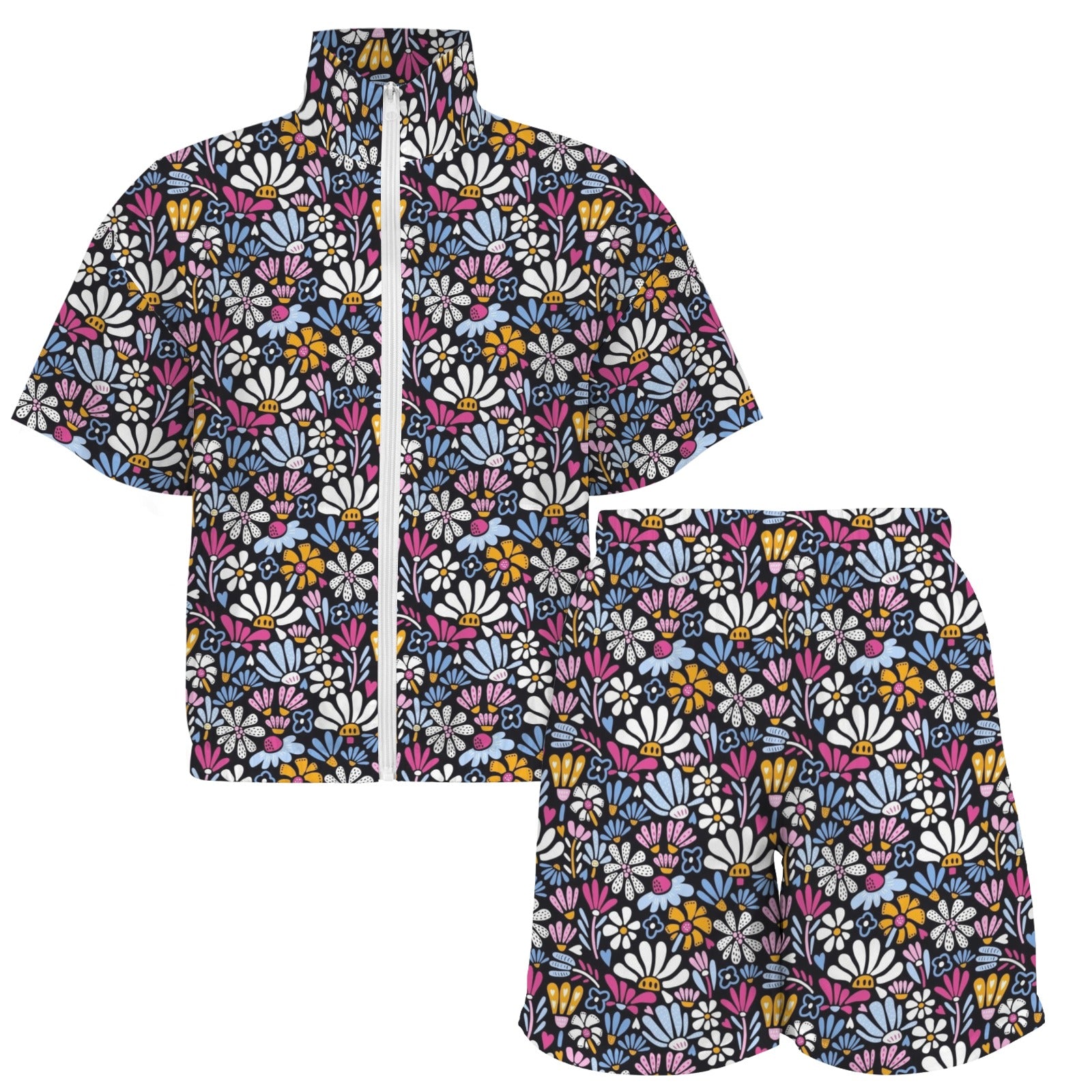 Graphic Flowers On Black Women's Windbreaker Short Set Women's Windbreaker Short Set Plants Printed Offshore