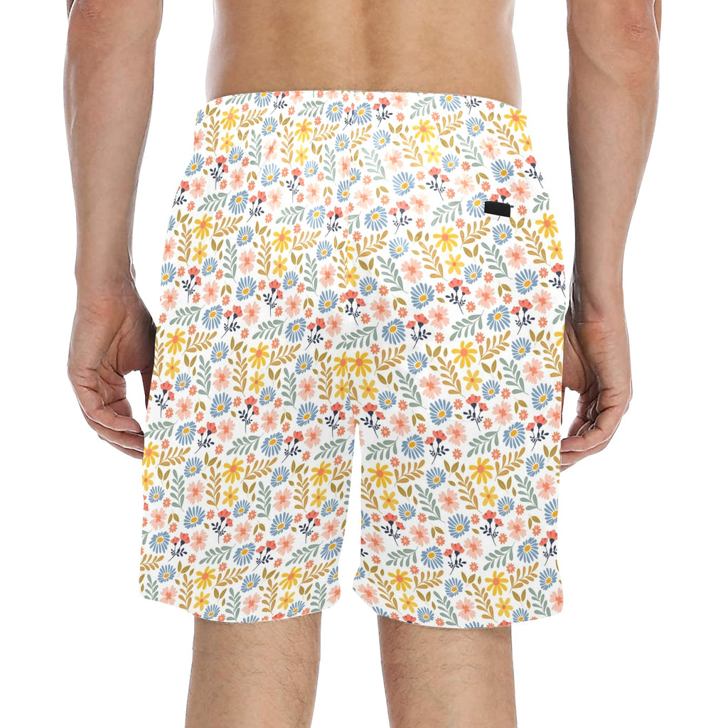 Boho Flowers And Leaves Men's Mid-Length Beach Shorts Men's Mid-Length Beach Shorts Plants Printed Offshore