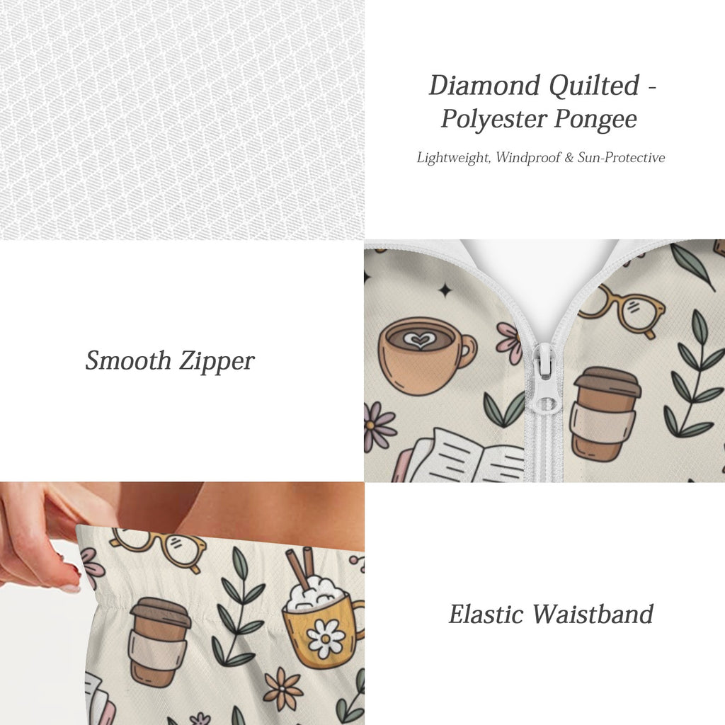 Books And Coffee Women's Windbreaker Short Set Women's Windbreaker Short Set Coffee Printed Offshore Reading