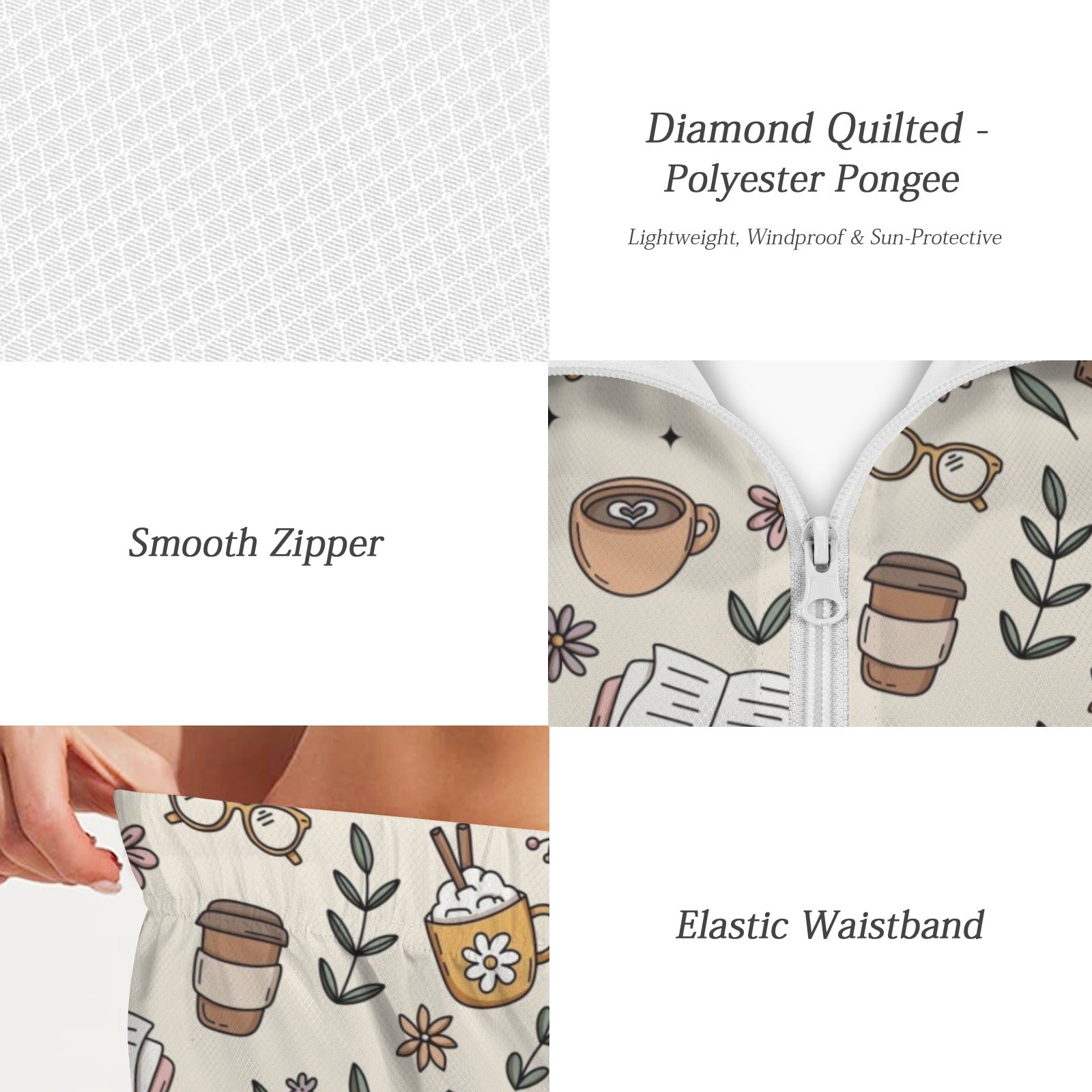 Books And Coffee Women's Windbreaker Short Set Women's Windbreaker Short Set Coffee Printed Offshore Reading