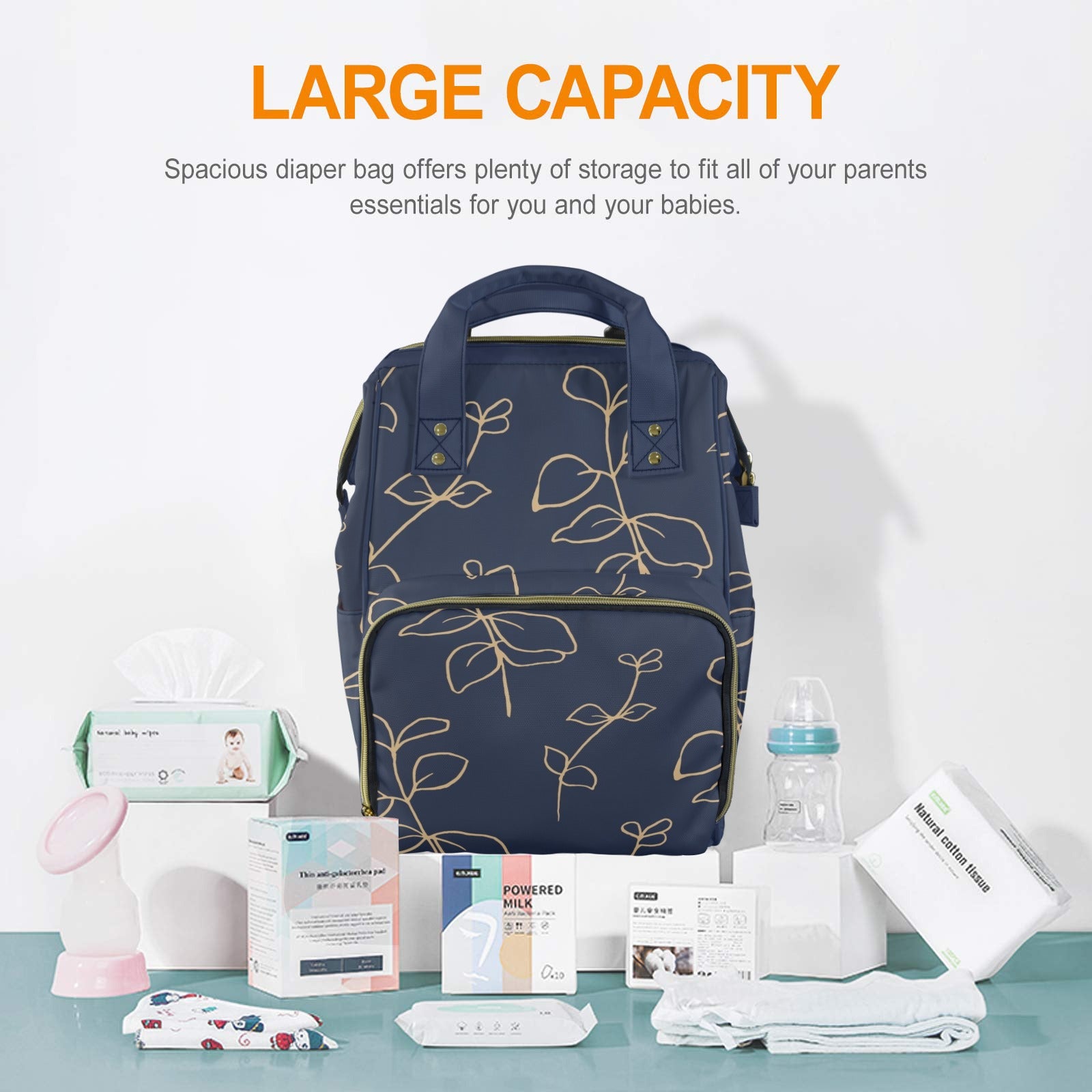 Gold Flowers On Navy - Multi-Function Backpack, Nappy / Diaper Bag