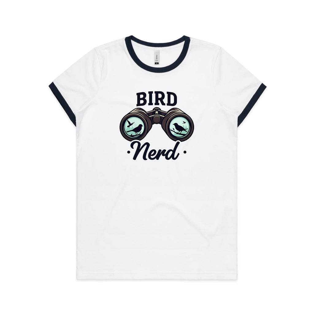 Bird Nerd - Women's Ringer Tee White Navy Womens Ringer T-shirt animal Printed In Australia