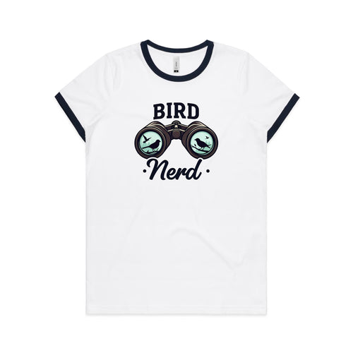 Bird Nerd - Women's Ringer Tee White Navy Womens Ringer T-shirt animal Printed In Australia