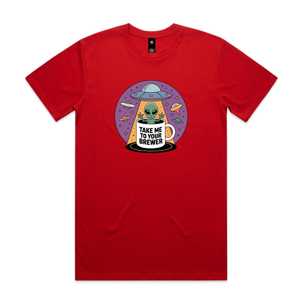 Coffee, Alien, UFO, Take Me To Your Brewer Men's AS Colour T-shirt Red Mens T-shirt Coffee Printed In Australia Sci Fi