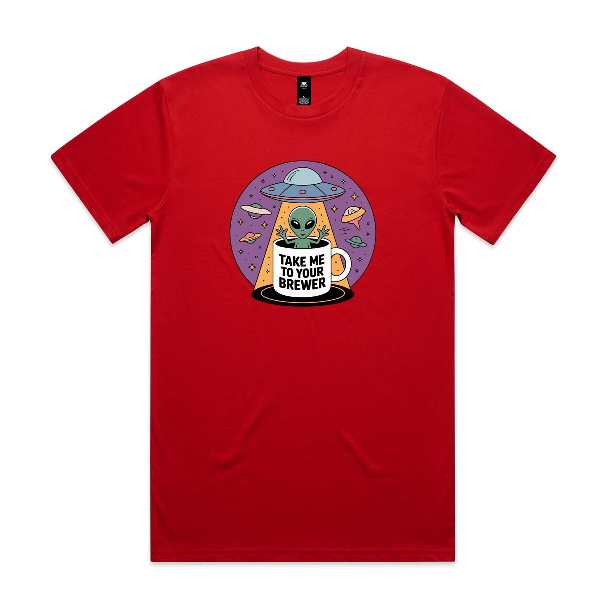 Coffee, Alien, UFO, Take Me To Your Brewer Men's AS Colour T-shirt Red Mens T-shirt Coffee Printed In Australia Sci Fi