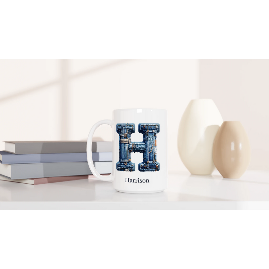 Personalise - Blue Denim Initial - White 15oz Ceramic Mug Personalised 15oz Mug customise Globally Fulfilled Initial Name personalise