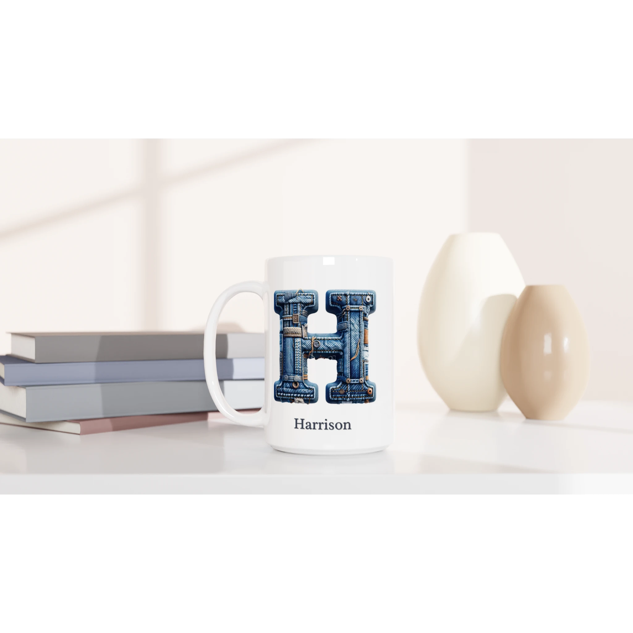 Personalise - Blue Denim Initial - White 15oz Ceramic Mug Personalised 15oz Mug customise Globally Fulfilled Initial Name personalise
