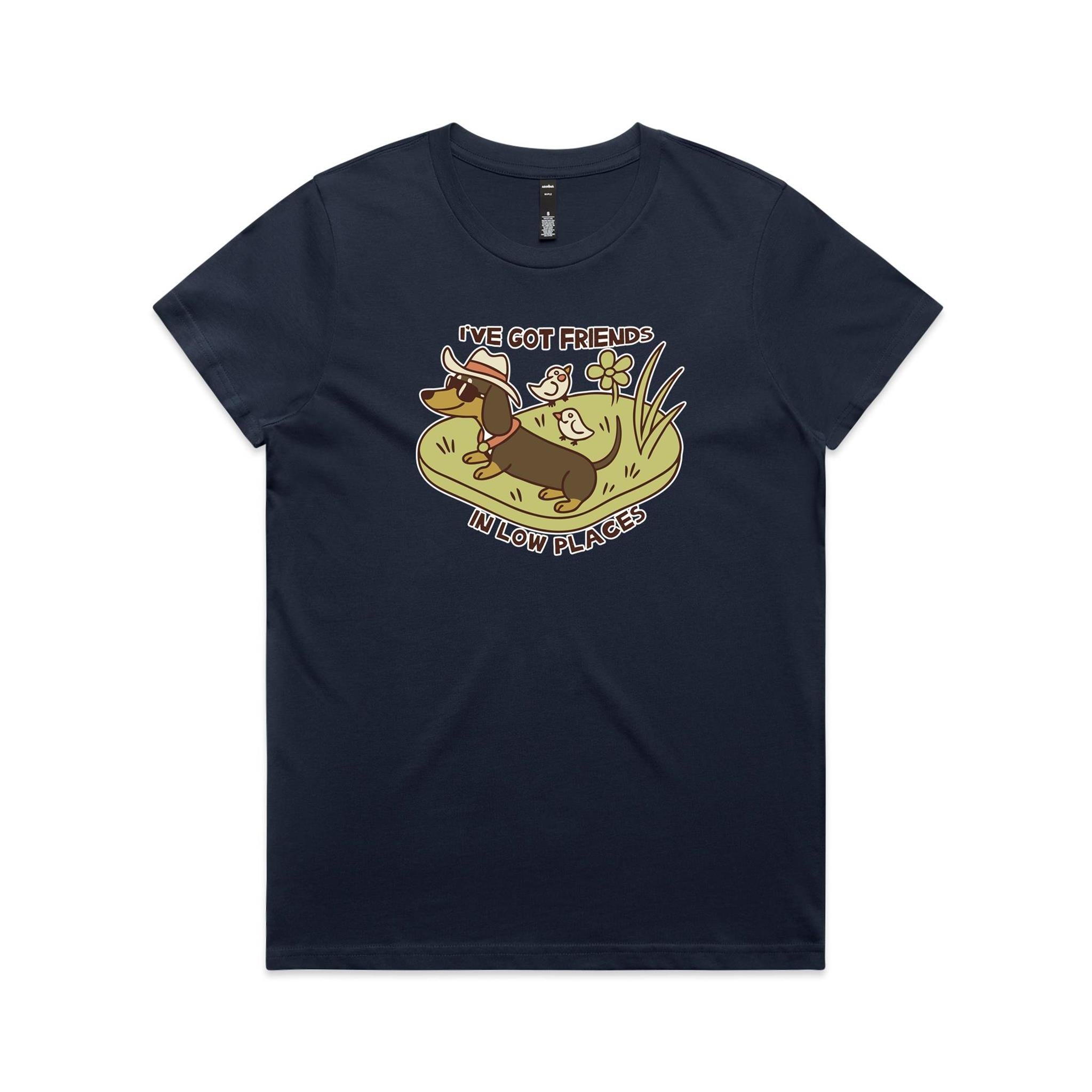 Dachshund, I've Got Friends In Low Places Women's AS Colour T-shirt Midnight Blue Womens T-shirt animal Printed In Australia