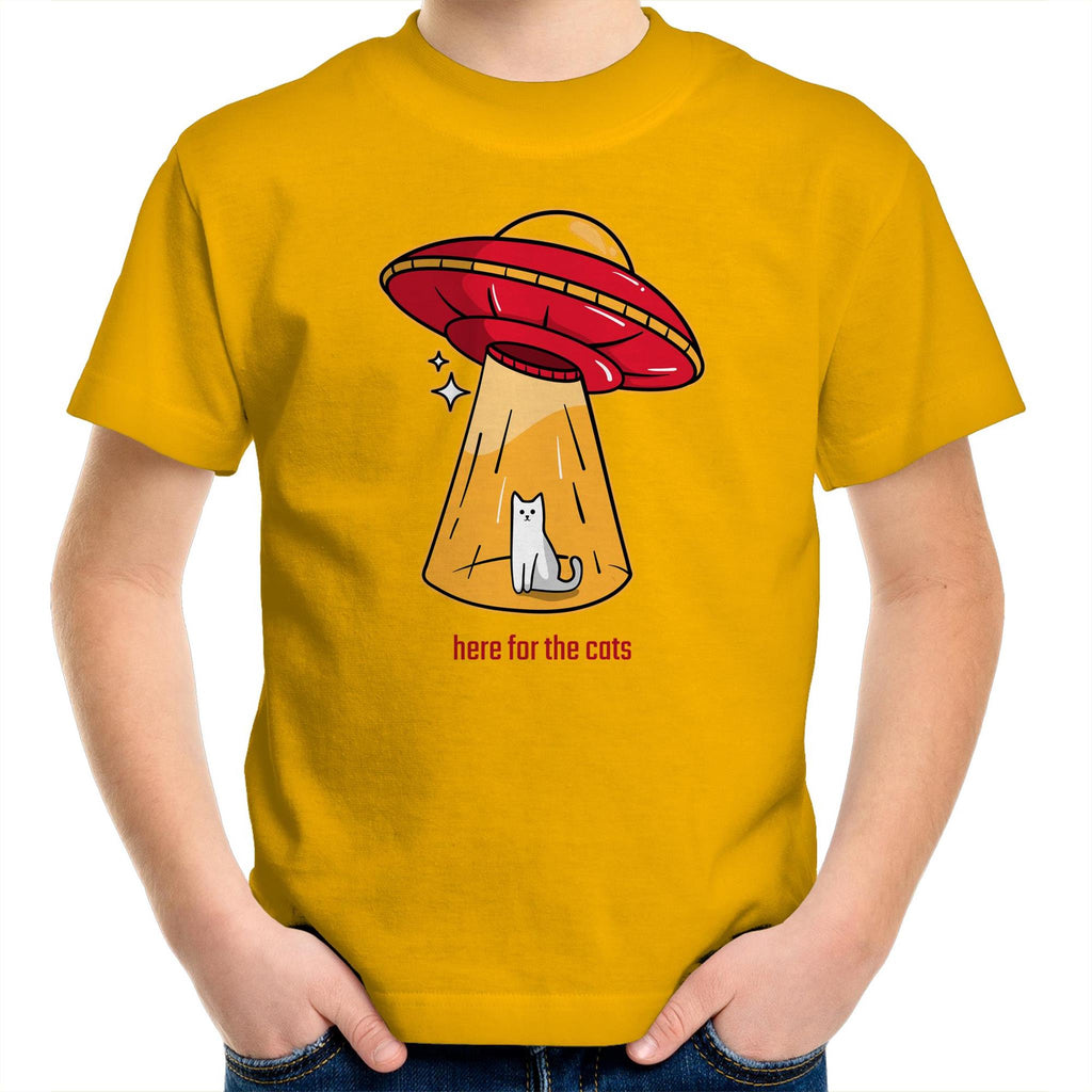 UFO, Here For The Cats - Kids Youth T-Shirt Gold Kids Youth T-shirt animal Printed In Australia Sci Fi