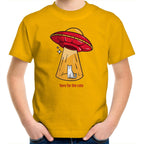 UFO, Here For The Cats - Kids Youth T-Shirt Gold Kids Youth T-shirt animal Printed In Australia Sci Fi