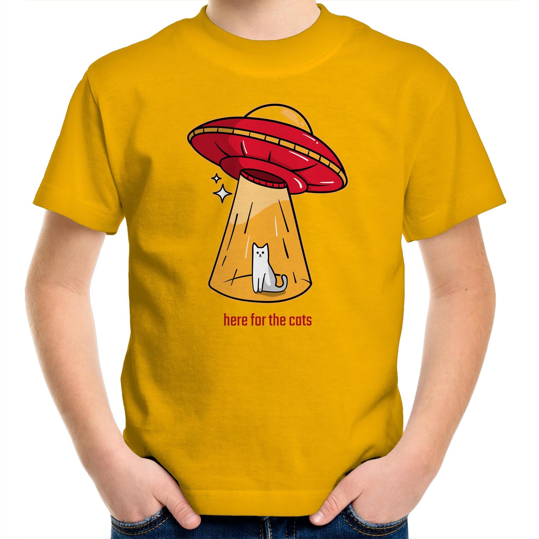 UFO, Here For The Cats - Kids Youth T-Shirt Gold Kids Youth T-shirt animal Printed In Australia Sci Fi