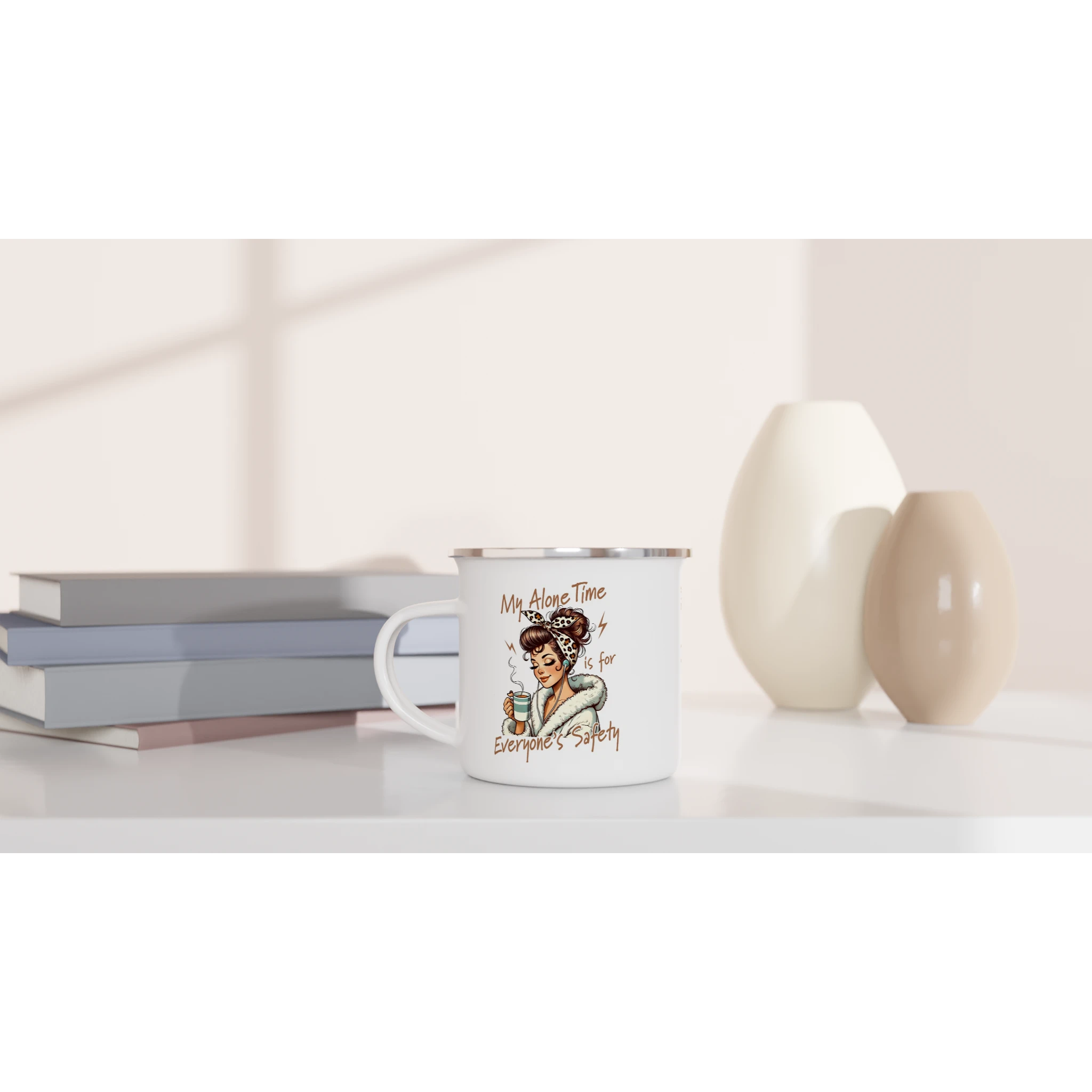 Personalised My Alone Time Is For Everyone's Safety White 12oz Enamel Mug Personalised Enamel Mug Globally Fulfilled