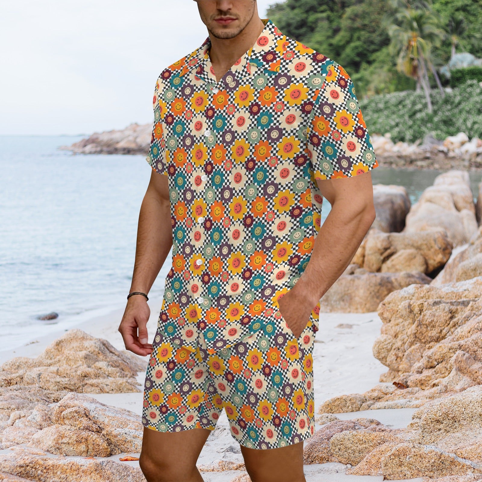 Happy Retro Flowers - Men's Hawaiian Shirt & Shorts Set