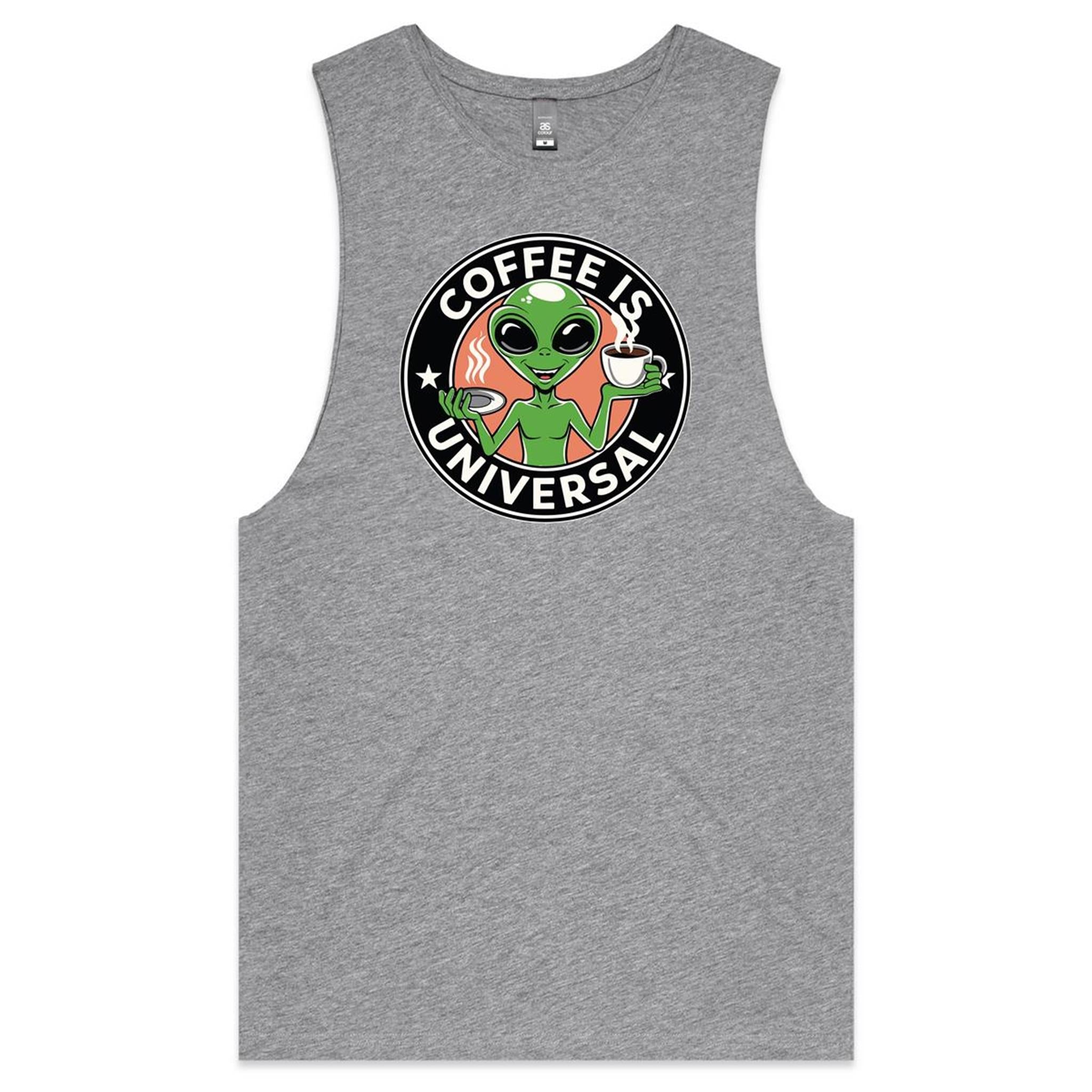 Alien, Coffee Is Universal - Mens Tank Top Tee Grey Marle Drop Arm Tank Top Coffee Printed In Australia Sci Fi