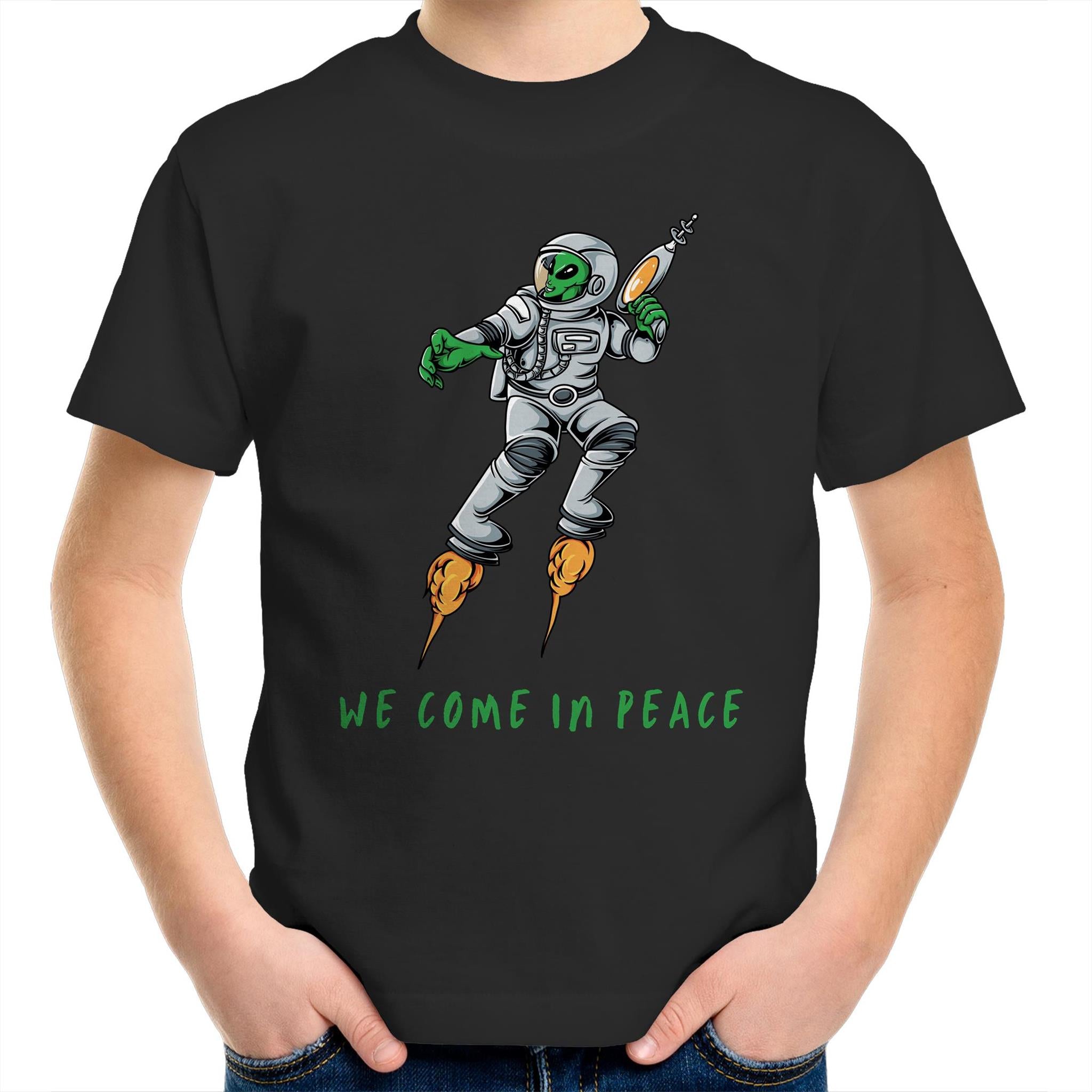 Alien Invasion, We Come In Peace - Kids Youth T-Shirt Black Kids Youth T-shirt Printed In Australia Sci Fi