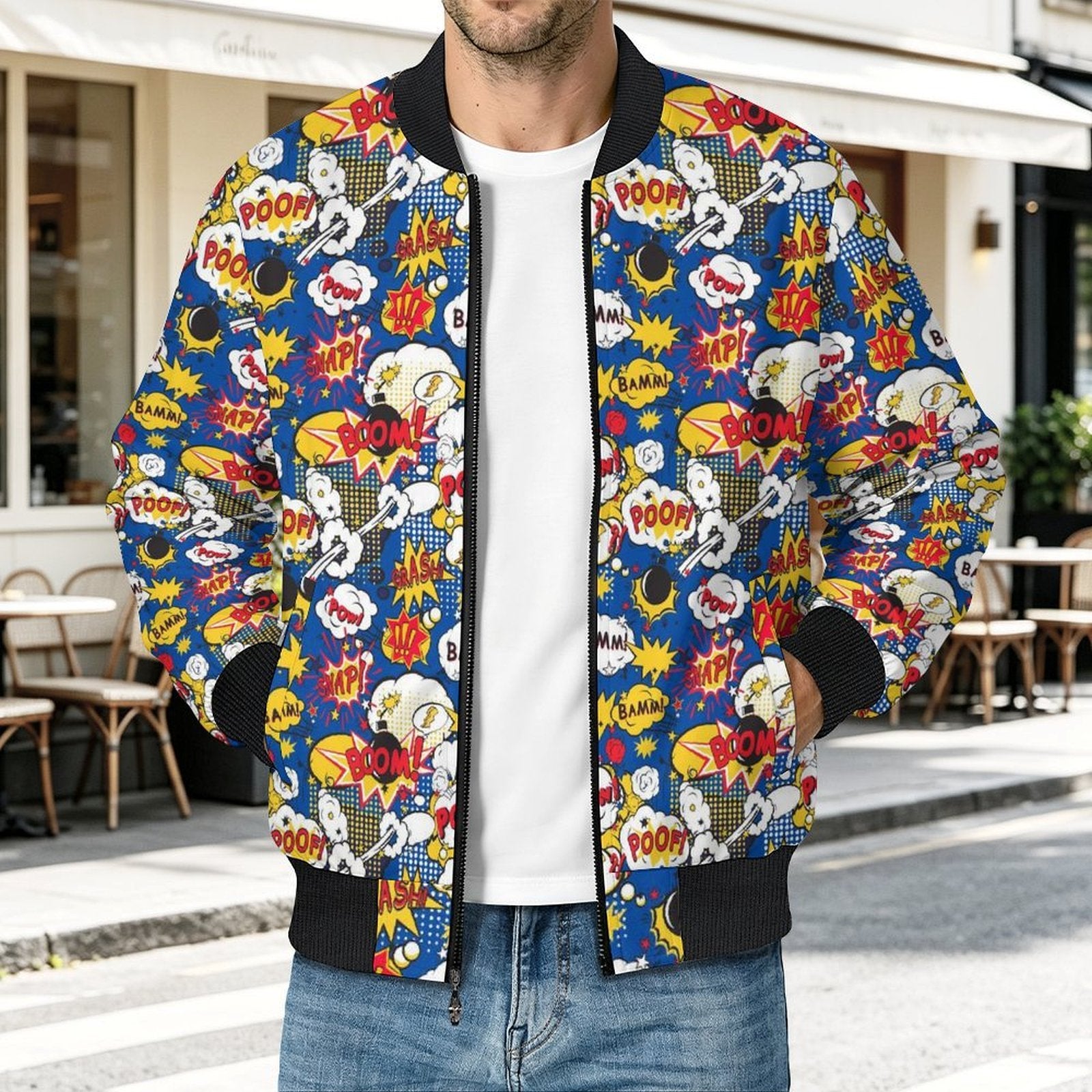 Blue Comic Book Men's Casual Zip‑Up Bomber Jacket