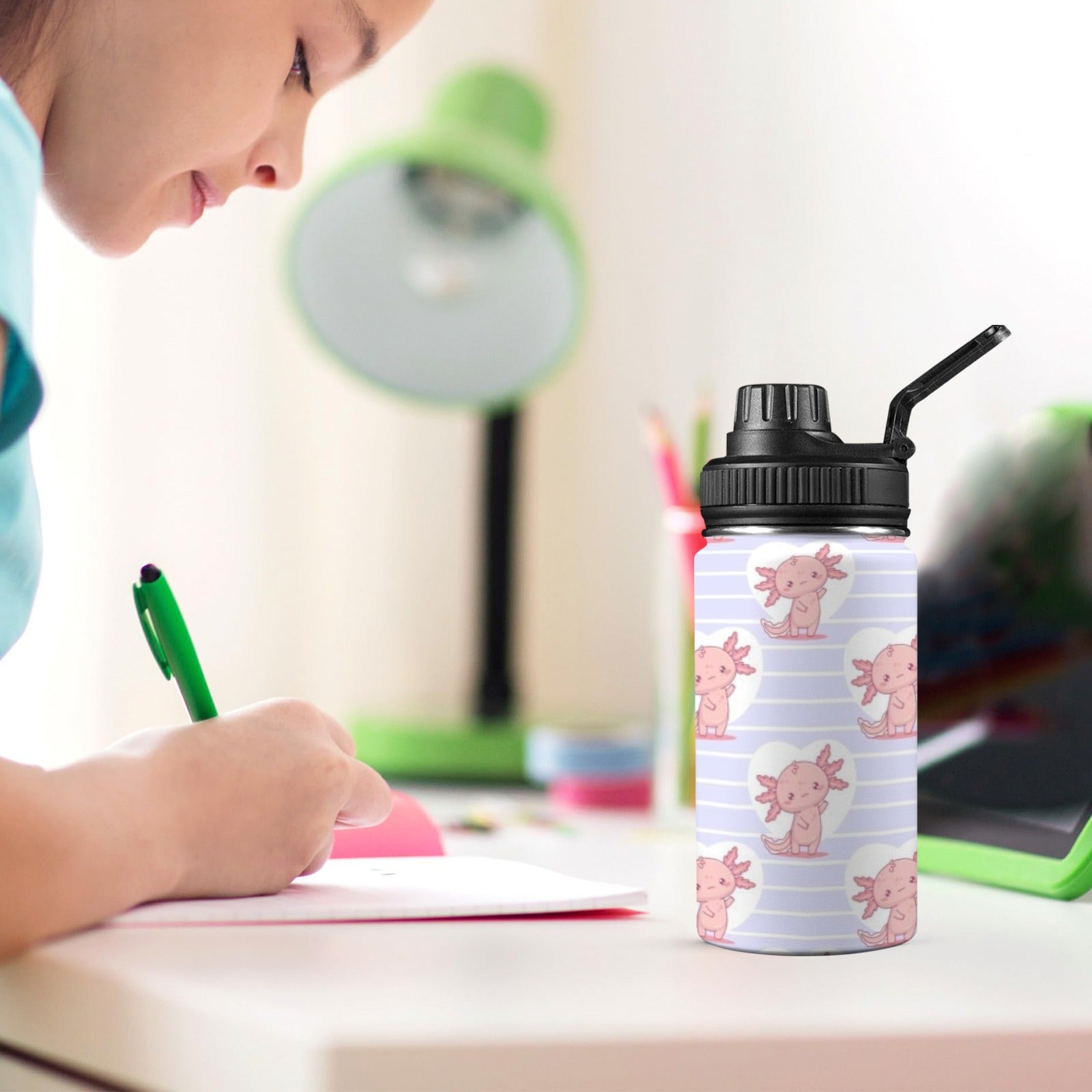 Axolotl Love Kids Water Bottle with Chug Lid (12 oz) Kids Water Bottle with Chug Lid animal Printed Offshore