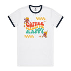Coffee Makes Me Happy - Staple Ringer Tee White Navy Ringer T-Shirt Coffee Printed In Australia