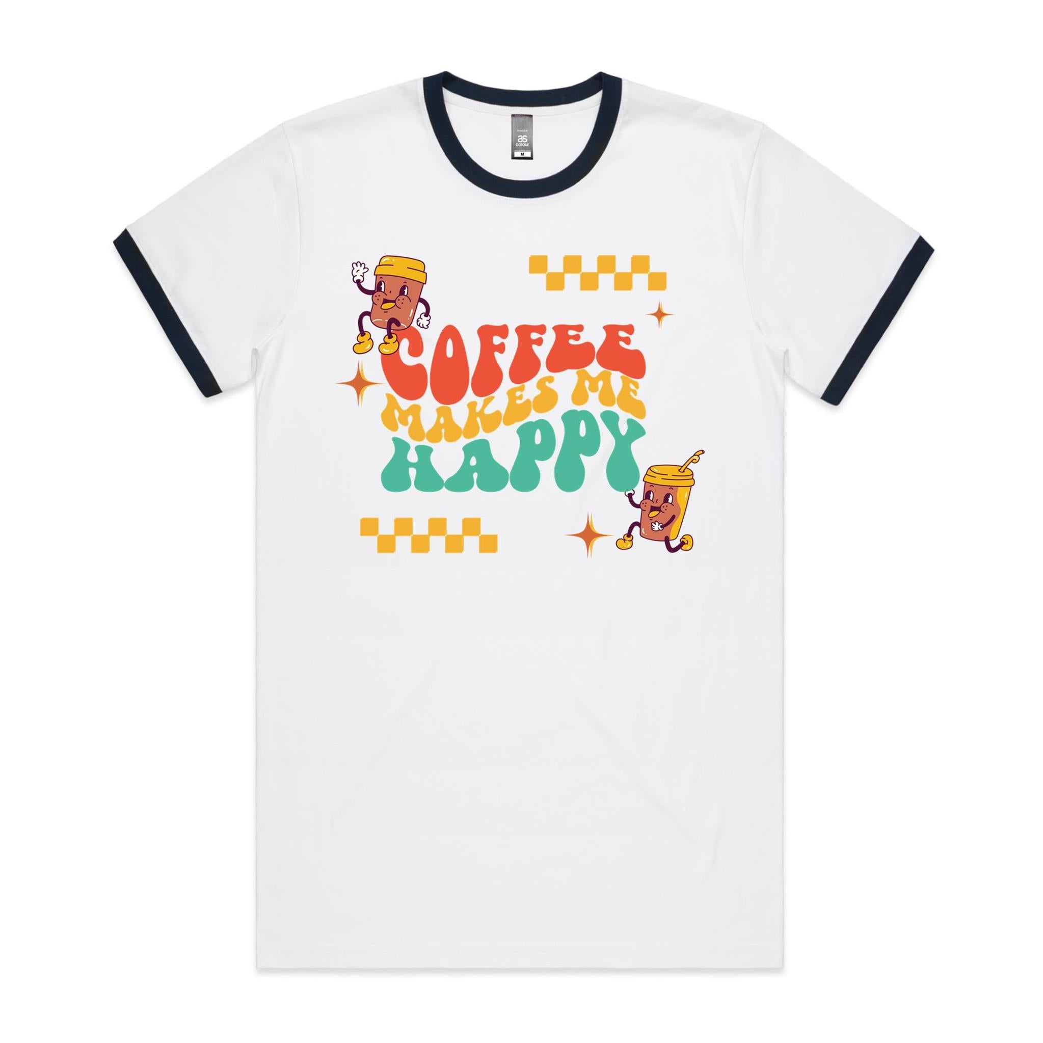 Coffee Makes Me Happy - Staple Ringer Tee White Navy Ringer T-Shirt Coffee Printed In Australia