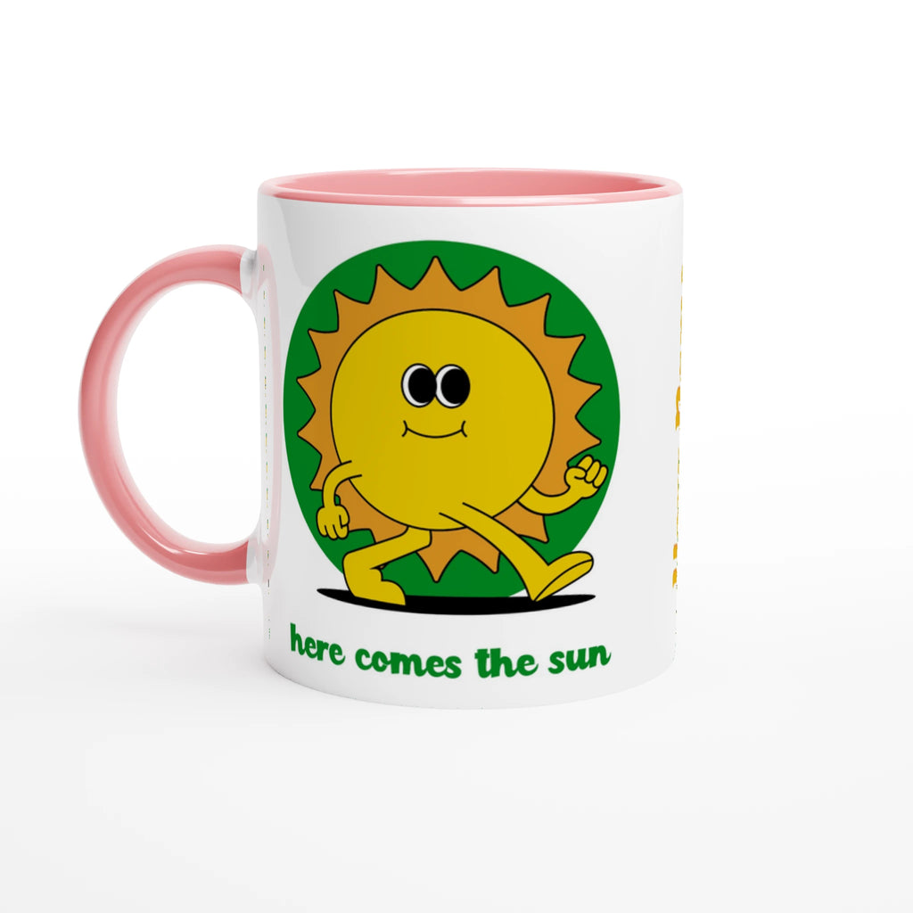 Personalised - Here Comes The Sun - White 11oz Ceramic Mug with Colour Inside Ceramic Pink Personalised 11oz Mug customise Globally Fulfilled personalise Retro Summer