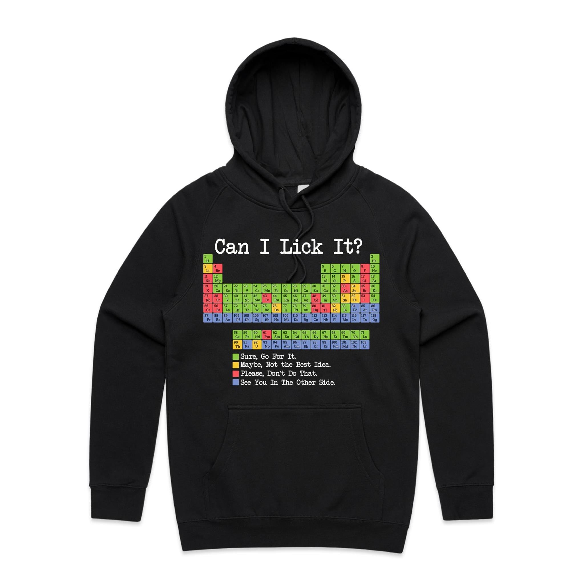 Periodic Table, Can I Lick It Mens Hoodie Black Printed In Australia Science