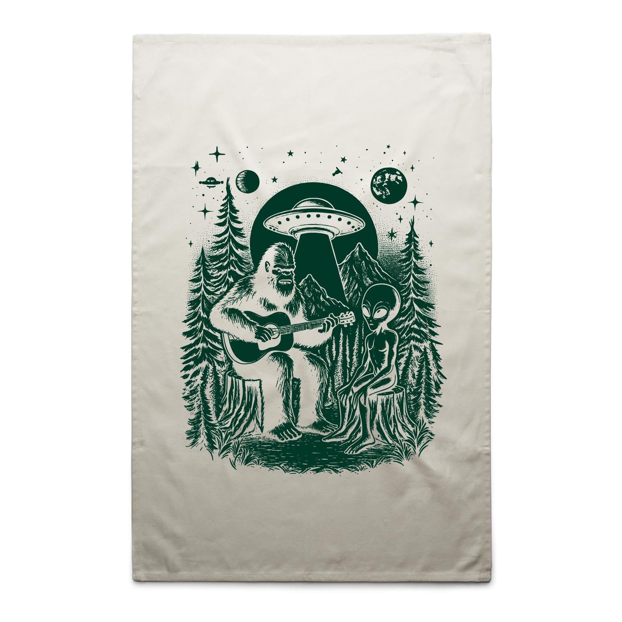 Bigfoot And Alien Playing Guitar - AS Colour Tea Towel Cream One Size Tea Towel Music Printed In Australia Sci Fi
