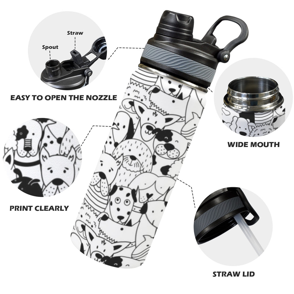 Black And White Dogs - Insulated Water Bottle with Dual-Use Lid (18oz) Insulated Water Bottle with Dual-Use Lid (18oz) animal Printed Offshore
