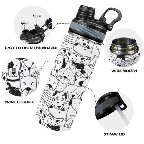 Black And White Dogs - Insulated Water Bottle with Dual-Use Lid (18oz) Insulated Water Bottle with Dual-Use Lid (18oz) animal Printed Offshore