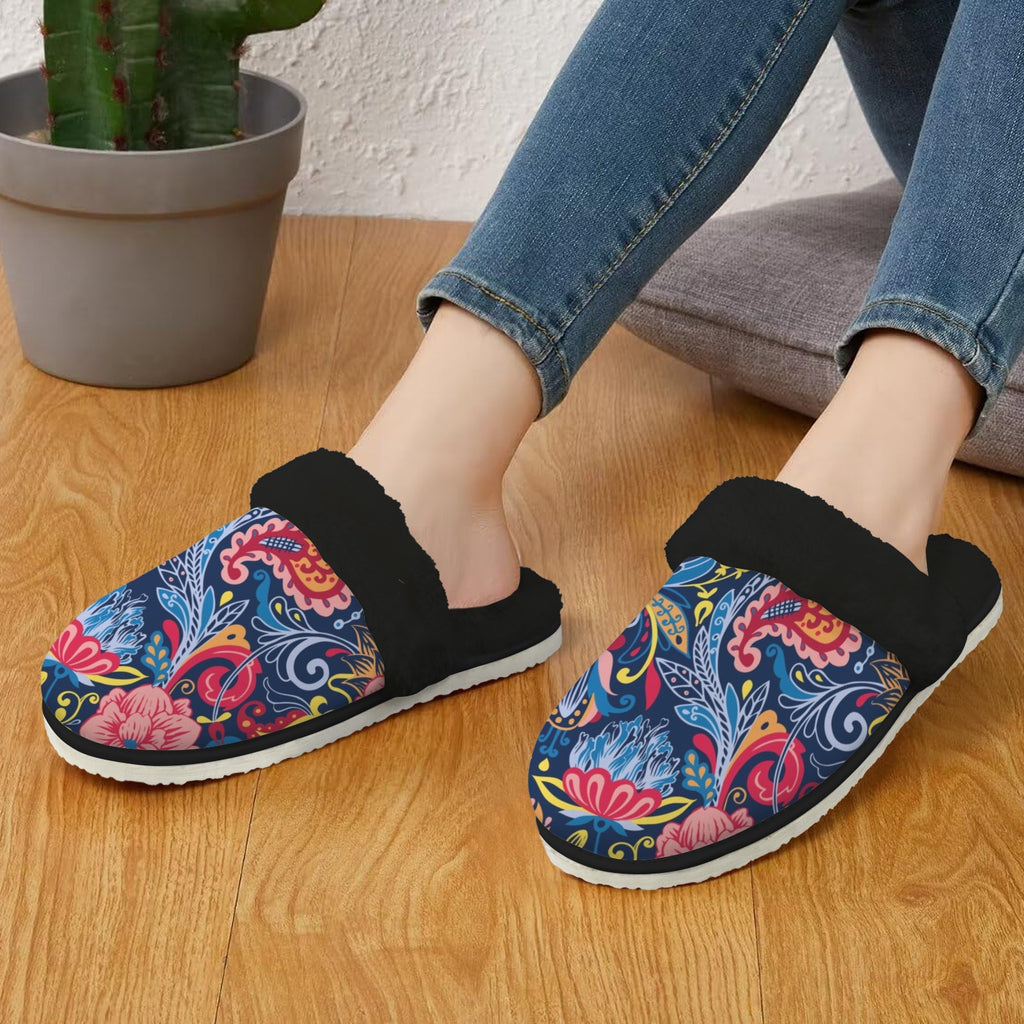 Blue Paisley Women's Fur Trim Thick-Sole Indoor Slippers Women's Fur Trimmed Slippers Printed Offshore
