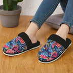 Blue Paisley Women's Fur Trim Thick-Sole Indoor Slippers Women's Fur Trimmed Slippers Printed Offshore