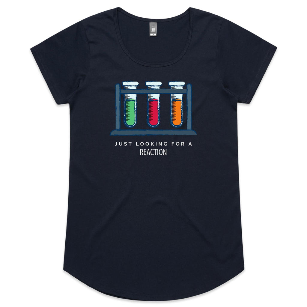 Test Tubes, Just Looking For A Reaction - Womens Scoop Neck T-Shirt Navy Womens Scoop Neck T-shirt Printed In Australia Science