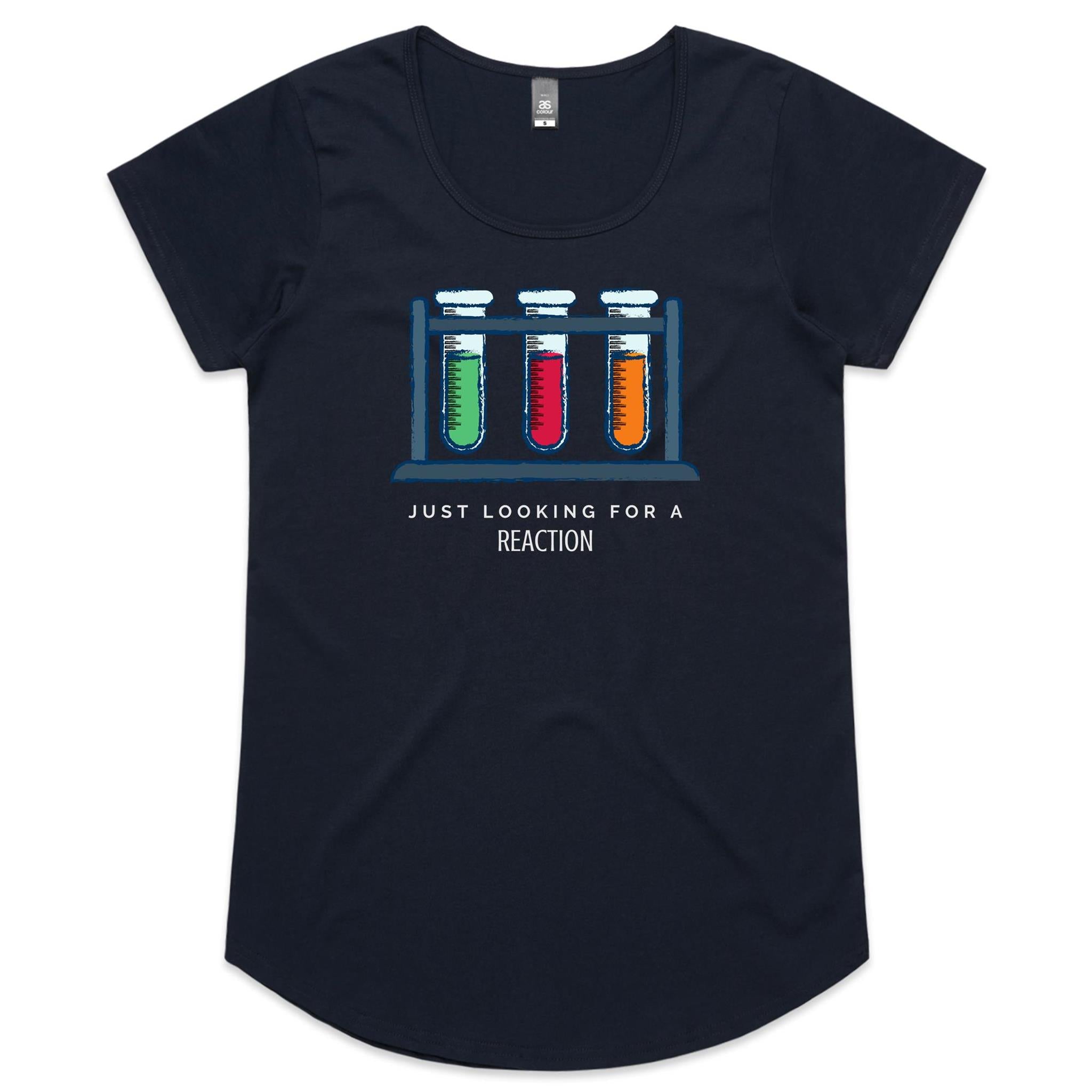 Test Tubes, Just Looking For A Reaction - Womens Scoop Neck T-Shirt Navy Womens Scoop Neck T-shirt Printed In Australia Science
