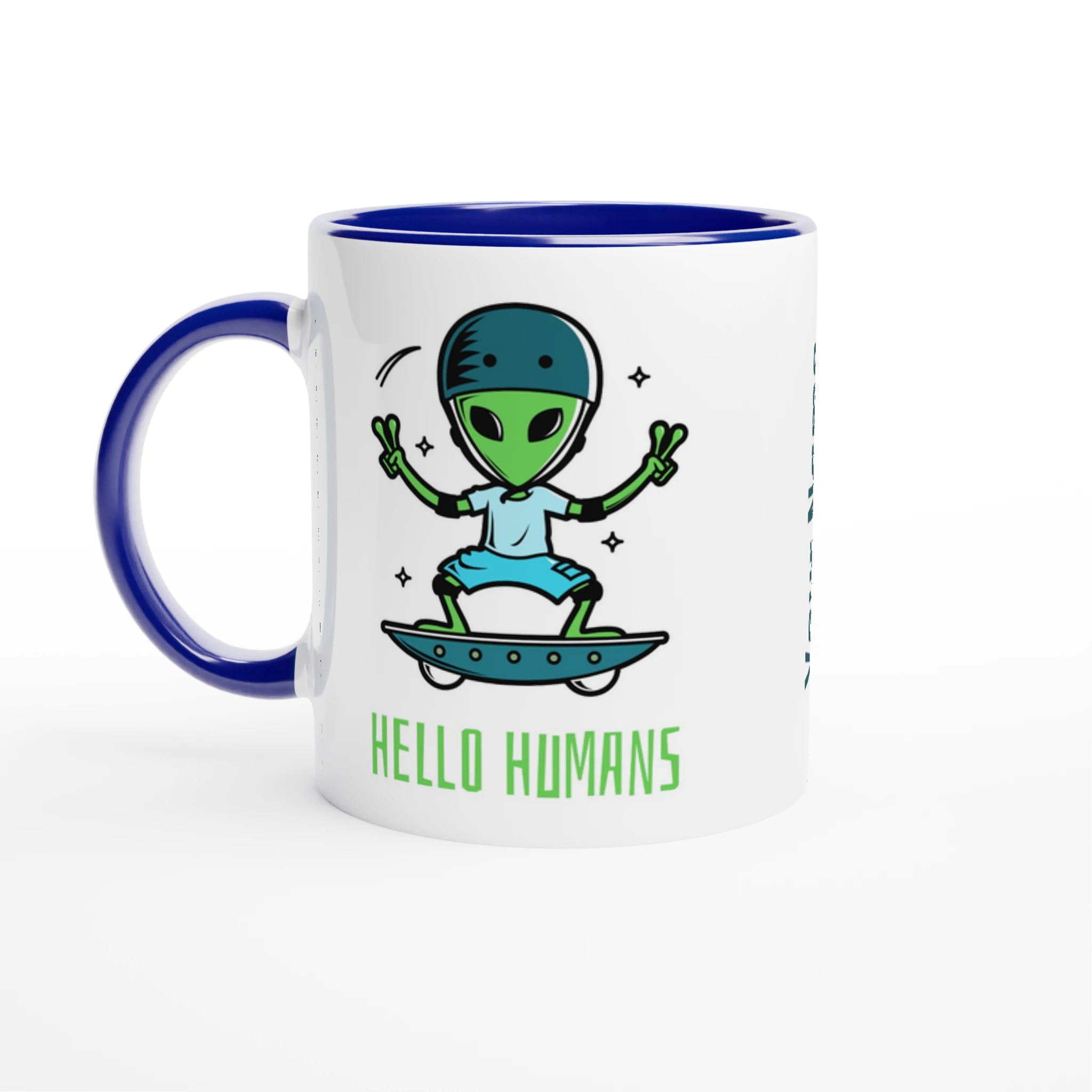 Personalised - Hello Humans - White 11oz Ceramic Mug with Colour Inside Ceramic Blue Personalised 11oz Mug customise Globally Fulfilled personalise Sci Fi
