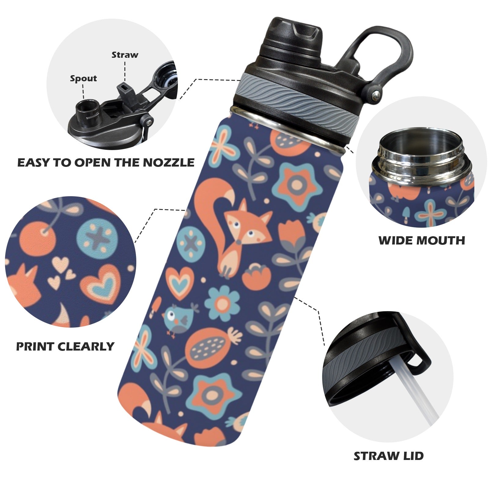 Cute Fox - Insulated Water Bottle with Dual-Use Lid (18oz) Insulated Water Bottle with Dual-Use Lid (18oz) animal Printed Offshore