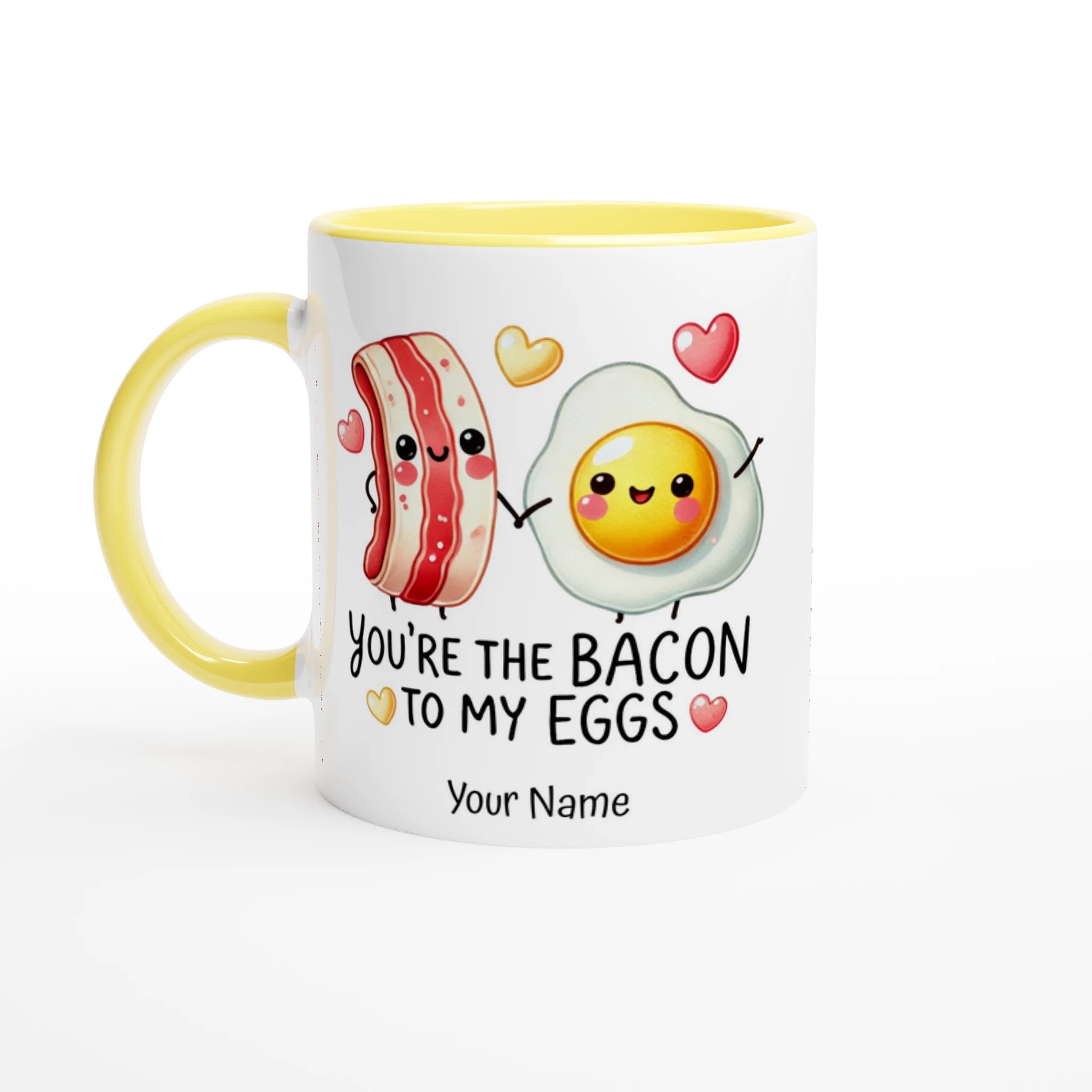 Personalised - You're The Bacon To My Eggs, Valentine - White 11oz Ceramic Mug with Colour Inside Ceramic Yellow Personalised 11oz Mug
