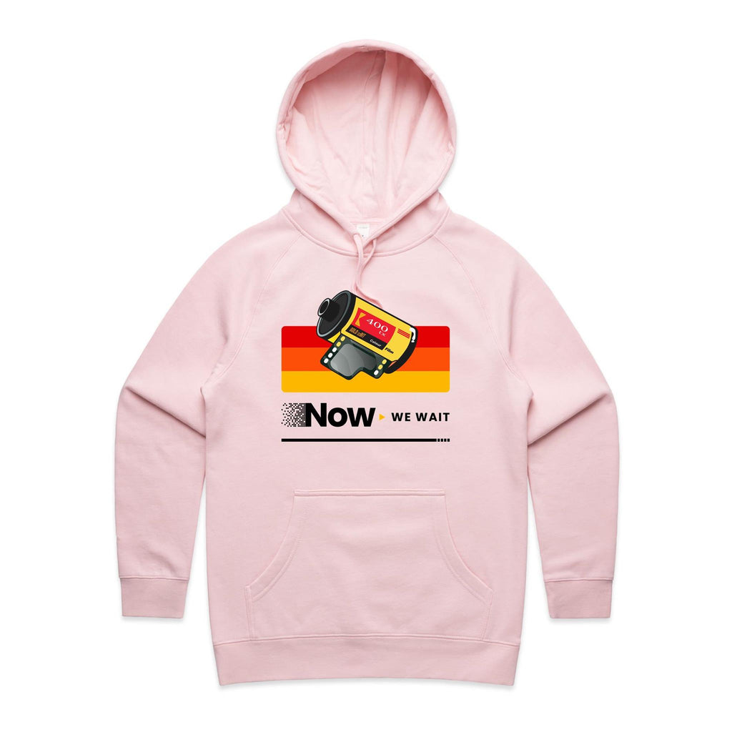 Camera Film, Now We Wait Women's AS Colour Hoodie Pink Womens Hoodie Printed In Australia Retro