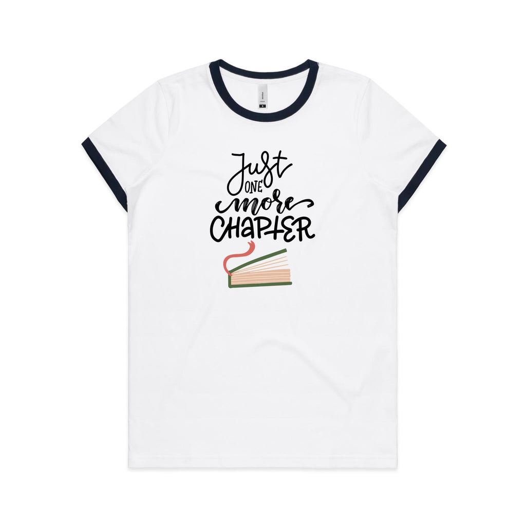 Just One More Chapter, Books - Women's Ringer Tee White Navy Womens Ringer T-shirt Printed In Australia Reading