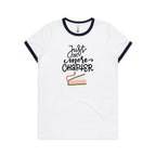Just One More Chapter, Books - Women's Ringer Tee White Navy Womens Ringer T-shirt Printed In Australia Reading